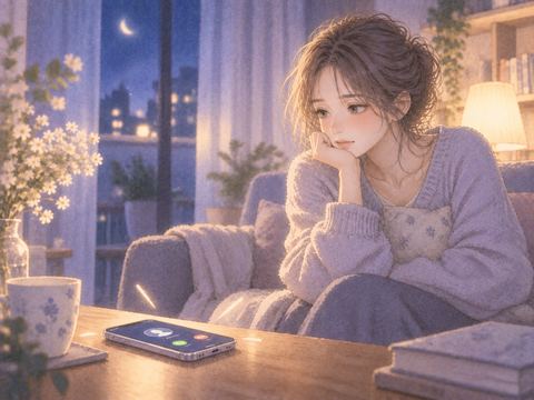 鳴るスマートフォンを置いたまま見つめる女性