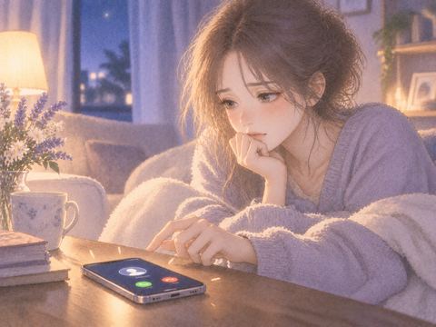 着信画面へ指を伸ばしてためらう女性