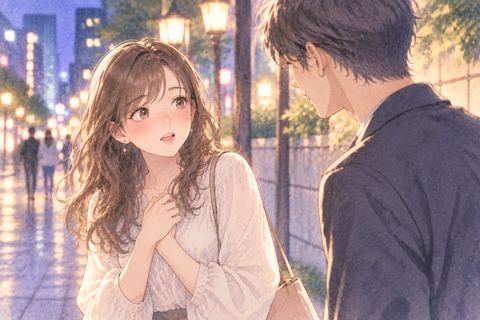 声をかけられて胸を押さえ戸惑う女性