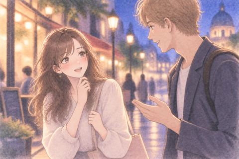 外国人男性と戸惑いながら話す女性