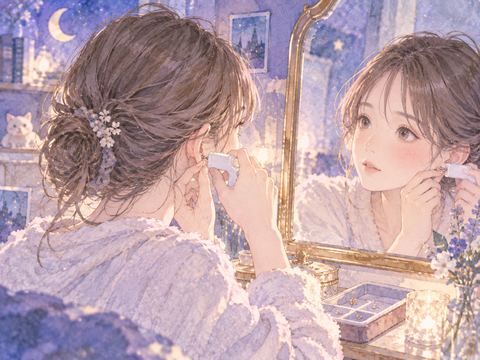 鏡の前で自分の耳にピアスを開けようとする女性