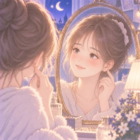 耳たぶの小さなピアスを鏡で確かめる女性