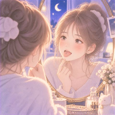 鏡の前で舌の小さなピアスを確認する女性
