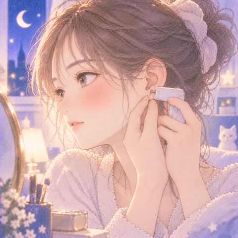 顔の小さなピアスを鏡で見つめる女性