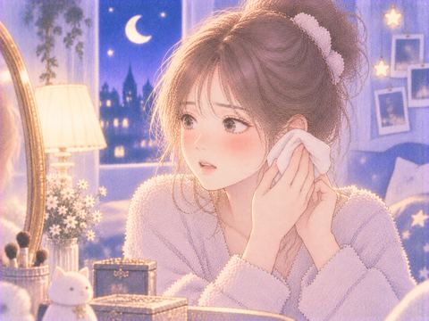 ピアスを開けた耳元を布でそっと押さえる女性