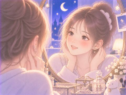 複数の小さなピアスを鏡で眺める女性