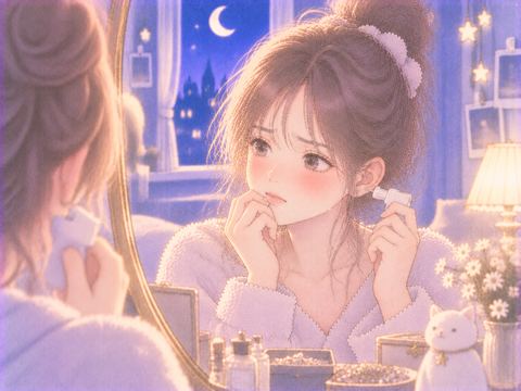 鏡の前でピアスを開けられず困っている女性
