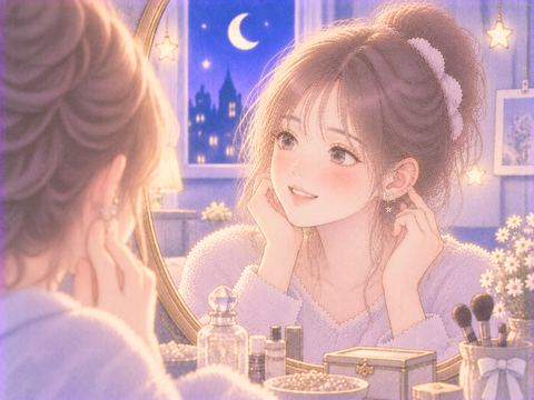 新しいピアスを鏡で見て嬉しそうに微笑む女性