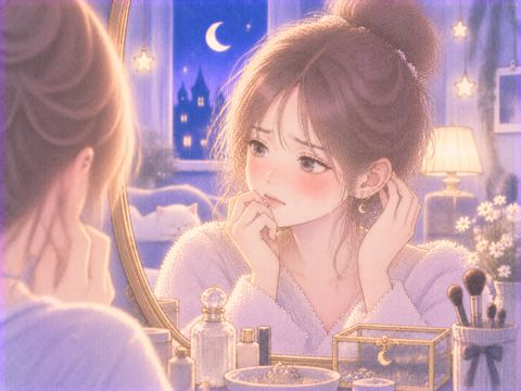 鏡の前で新しいピアスを見て迷う女性