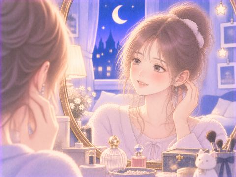 似合うピアスを鏡で見て満足する女性