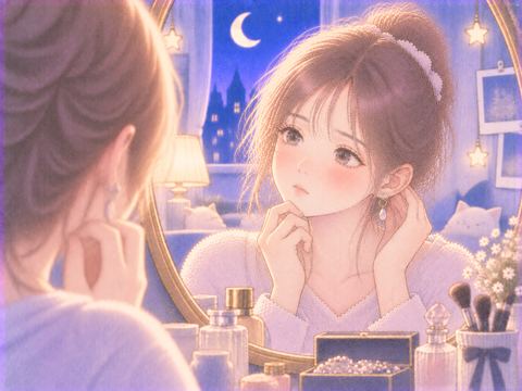 新しいピアスを鏡で見て違和感を覚える女性