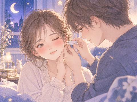 恋人に耳のピアスを開けてもらう女性