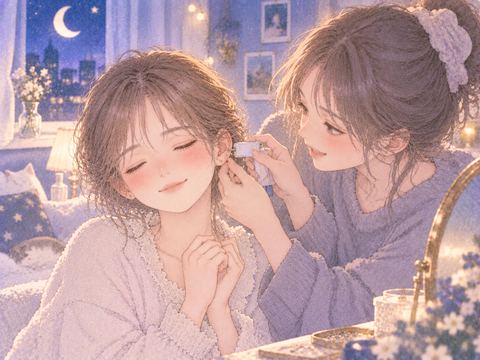 友達に耳のピアスを開けてもらう女性