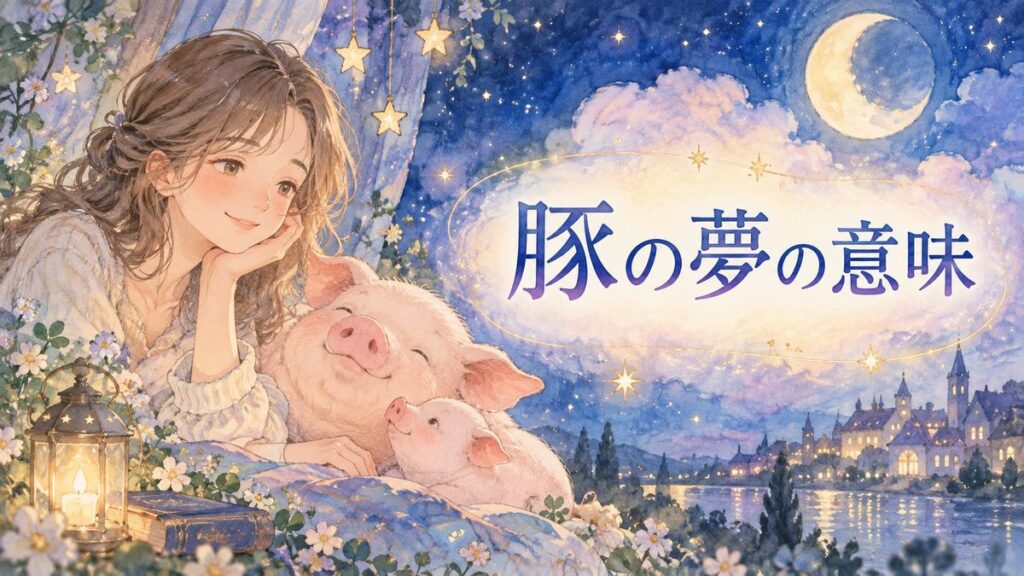 夢の豚を見つめる大人の女性と夜の光