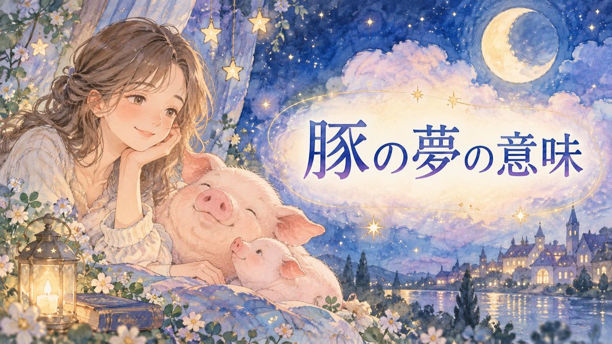 夢の豚を見つめる大人の女性と夜の光