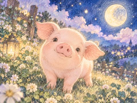 淡い光の中でこちらを見上げるかわいい子豚