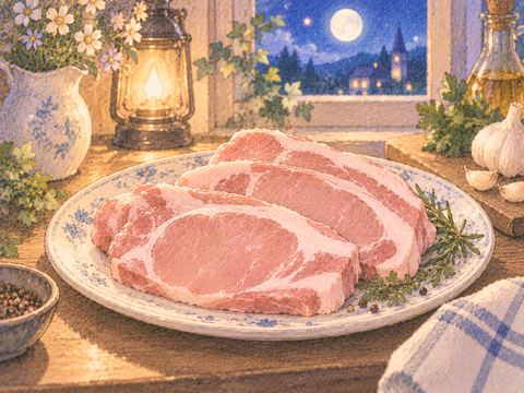 清潔な皿に置かれた調理前の豚肉