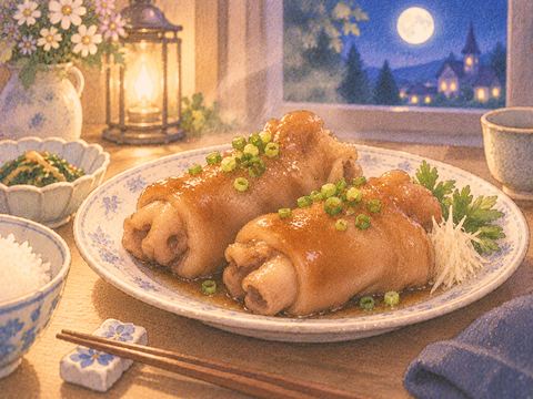 食卓の皿に盛られた調理済みの豚足