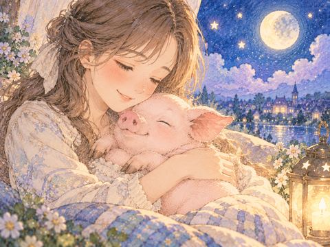 腕の中で安心する子豚を抱く女性