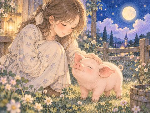 しゃがんだ女性に優しく撫でられる子豚