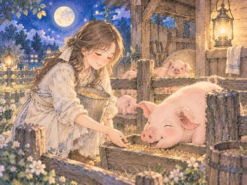 穏やかな小屋で豚に餌を与える女性