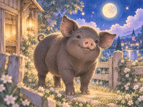 淡い夜の光に照らされた落ち着いた黒い豚