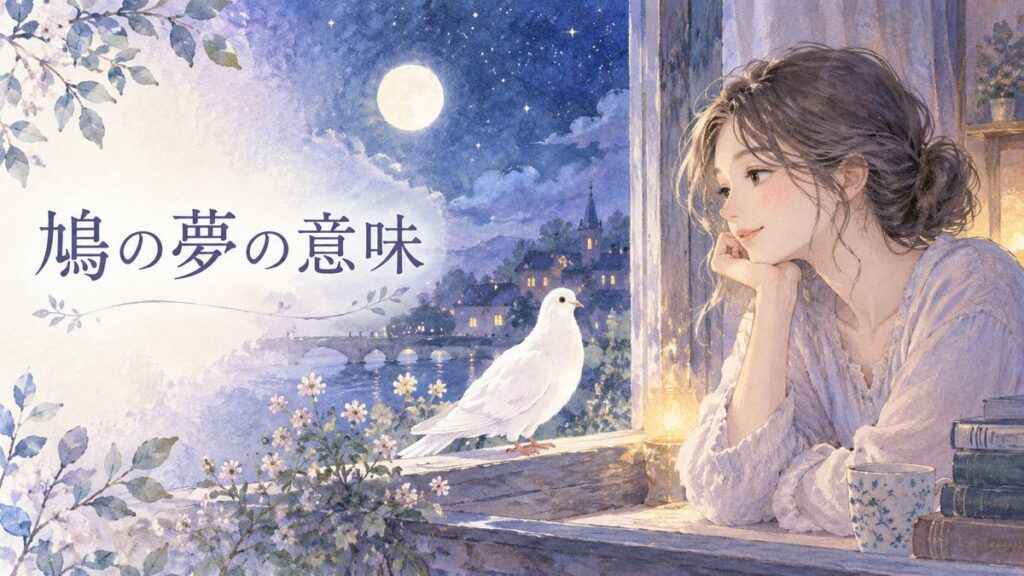 夜の窓辺で白い鳩を見つめる大人の女性