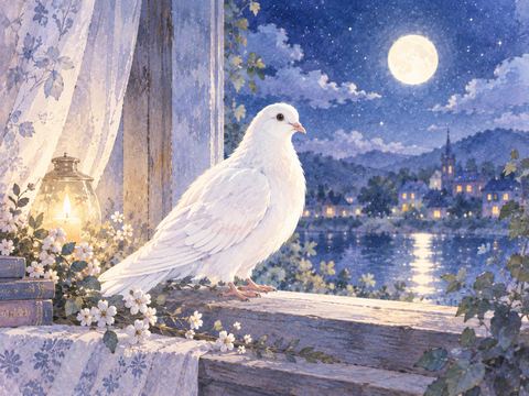 淡い月明かりの中にたたずむ一羽の白い鳩