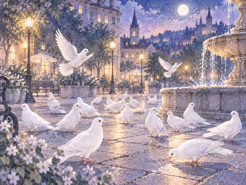 夜の広場に穏やかに集まるたくさんの鳩