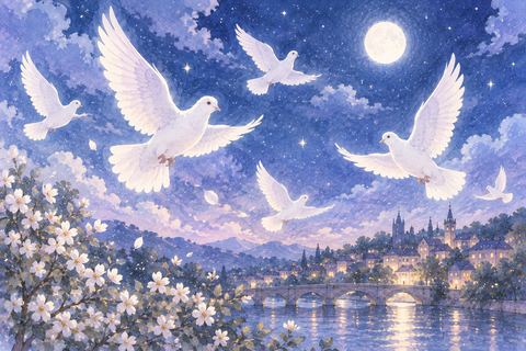 淡い夜空を舞うたくさんの白い鳩