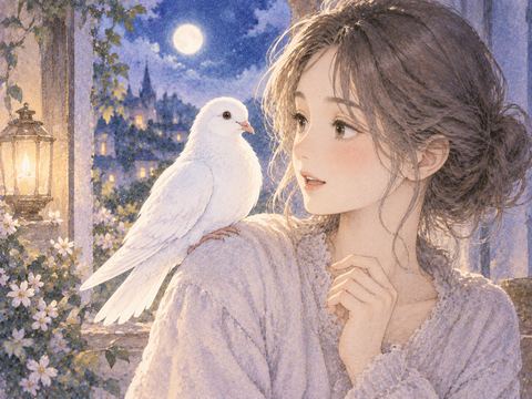 穏やかな女性の肩に静かにとまる鳩