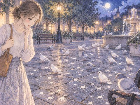 鳩のフンが点在する広場を見て困惑する女性