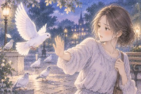 近づく鳩へ手を向けて距離を取る女性