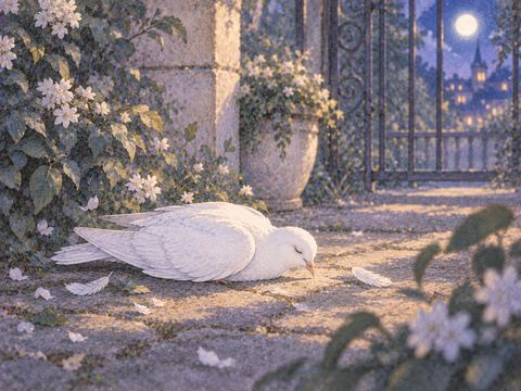 静かな地面に横たわる鳩と淡い夜の光