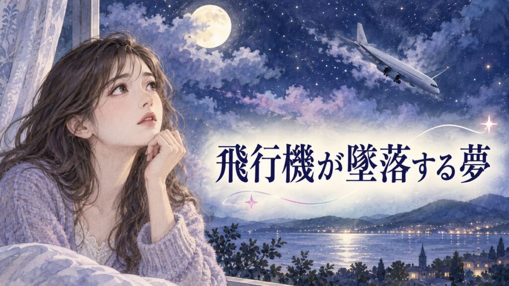 夜空で傾く飛行機を見つめる不安げな大人の女性