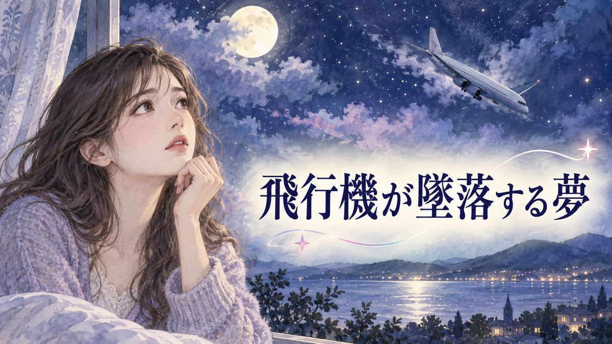 夜空で傾く飛行機を見つめる不安げな大人の女性