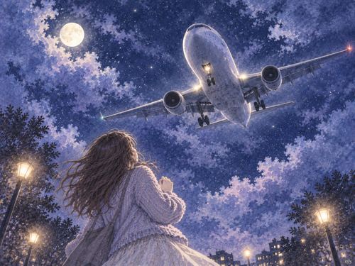 夜空からこちらへ低く迫ってくる飛行機を見上げる人物