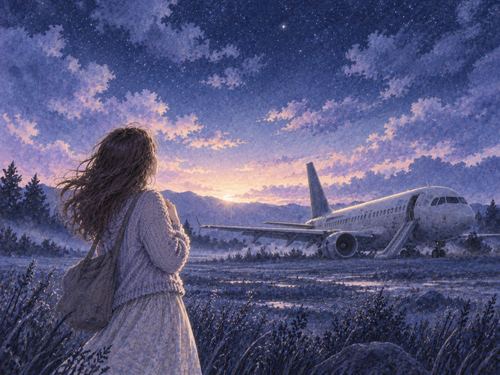 不時の着地後に無事立つ人物と遠くの飛行機