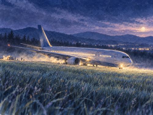 夜の草地に緊急着陸する飛行機