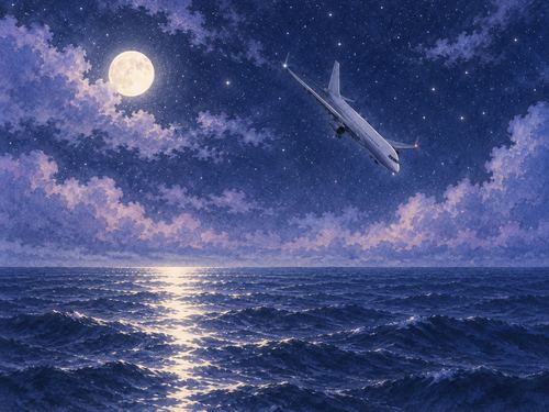 夜の海へ向かって降下する飛行機