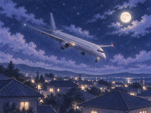 夜の街の上を低く不安定に飛ぶ飛行機