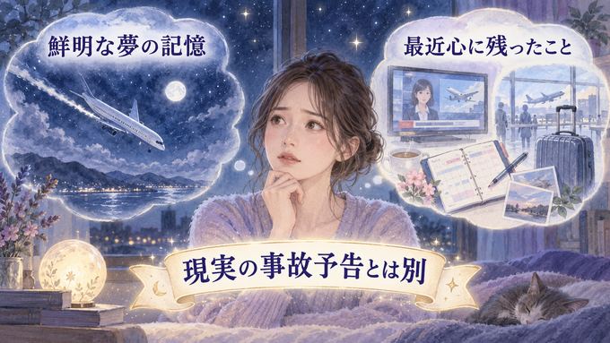 飛行機墜落の鮮明な夢と現実の記憶を別々に振り返る女性の図