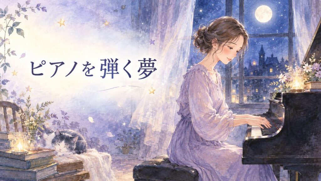 月明かりの部屋でピアノを弾く大人の女性