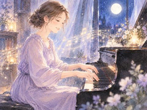 笑顔で軽やかにピアノを弾く女性