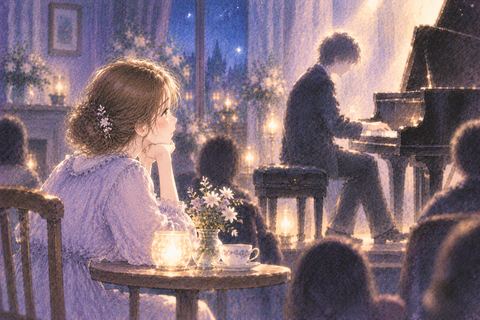 顔のはっきりしない人物のピアノ演奏を聞く女性
