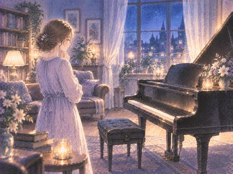 静かな部屋に置かれたピアノを見つめる女性
