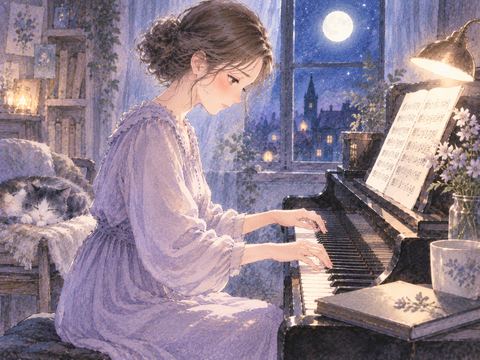 夜の部屋で繰り返しピアノを練習する女性