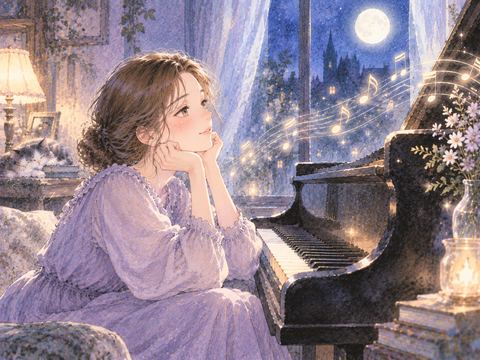 美しいピアノの音に耳を傾ける女性