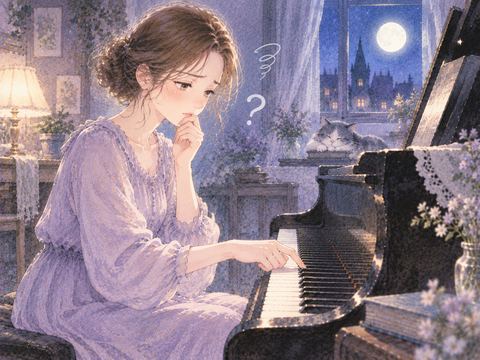 音の出ない鍵盤を押して戸惑う女性