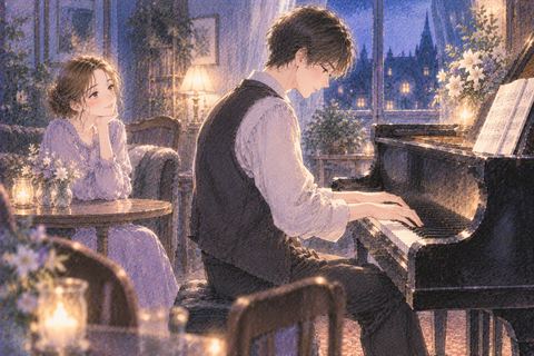 ピアノを弾く男性を静かに見つめる女性